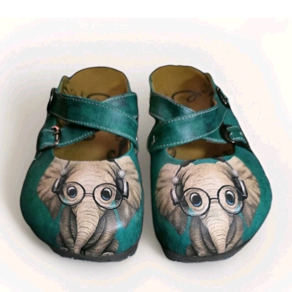 Calceo Women's Slip-on Clog Shoe Green Elephant With Glasses On Foot Size 37 - Picture 8 of 14